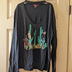 Rock & Roll Cowgirl Black Long Sleeve Tee with Cactus Design
